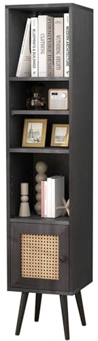 SFAREST 137CM Tall Narrow Bookcase, Wooden Freestanding Bookshelf with 12-Position Adjustable Shelf & Cabinet, Slim Corner Display Storage Shelving Units for Living Room Bedroom Office (Black)