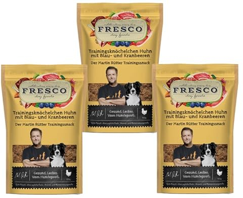 Fresco Martin Rütter Trainingsknöchelchen | Natürlicher Monoproteinsnack aus reinem Hähnchenfleisch mit Blau- und Kranbeeren | 3X 150g | Leckerer Snack für Hunde | Gesund und natürlich