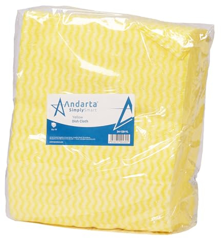 Andarta - Yellow J-Dish Cloths - Pack of 50 (35 x 42cm) - Versatile Cleaning Cloths for Kitchens, Bathrooms and General Areas - Absorbent, Quick-Drying, Washable and Lightweight