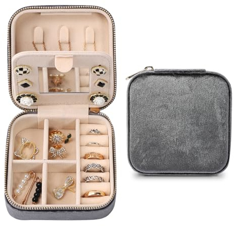 Dajasan Reise Schmuckkästchen, Klein Schmuckaufbewahrung, Schmuckschatulle für Damen, Samt Schmuck Organizer, Schmuck Geschenk Box für Frauen, Mädchen, Mutter, Oma (Grau)