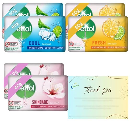 Antibacterial Soap Bundle with 6 Pack Soap Bars (Fresh, Cool and Skincare) 2 x 60g each and Glameno Thank You Card