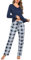 Litherday Pyjama Femme Hiver Ensembles de Pyjama Femme Coton Col en V Vêtements de Nuit à Manches Longues Imprimé à Carreaux Automne Vêtement d'Intérieur Carreaux Bleu Foncé XL