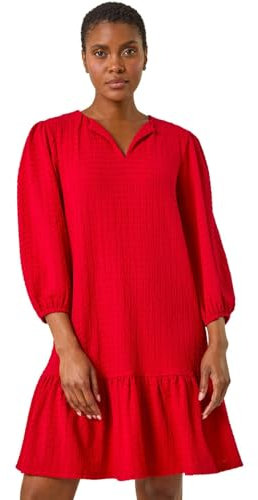 Roman Originals Smock Dress for Women UK Ladies Cotton Summer Embroidered Frilled Tiered Casual Beach Cruise Holiday Cocktail Party 3/4 Sleeve Pull On Gathered Skirt - Plain Red - Size 16
