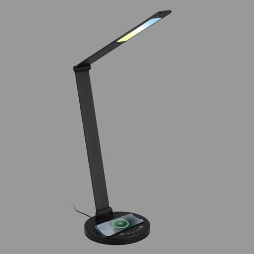 BRILONER - LED Schreibtischlampe mit induktiver Ladefläche, dimmbar, einstellbar von warmweiß bis kaltweiß, Tischlampe, Nachttischlampe, Tischleuchte, Home Office, Bürolampe, 18x44 cm (DxH), Schwarz