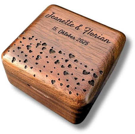 C|UTE - Ringbox Hochzeit personalisiert aus Holz mit Gravur – Einzigartige Ringschatulle für Trauringe, perfektes Hochzeitsgeschenk für Brautpaar, hochwertig aus Walnussholz mit Namen (Modern-Herzen)