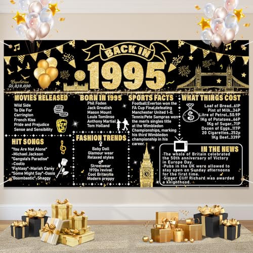 Creaher 30 th Birthday Black Gold Party Decoration,Large Back in 1995 Backdrop Banner,30th Black Gold Sign Poster,Happy 30th Birthday Banner,30 Years Anniversary Home Decor for Women Men