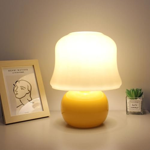 AoLa Pilzlampen Innen Tischlampe mit Kabelschalter Tischleuchte Modern E27 tragbare niedliche kleine Nachtlicht aus Keramik und Glas Lampenschirm Leselicht für Schlafzimmer Couchtisch (Gelb)