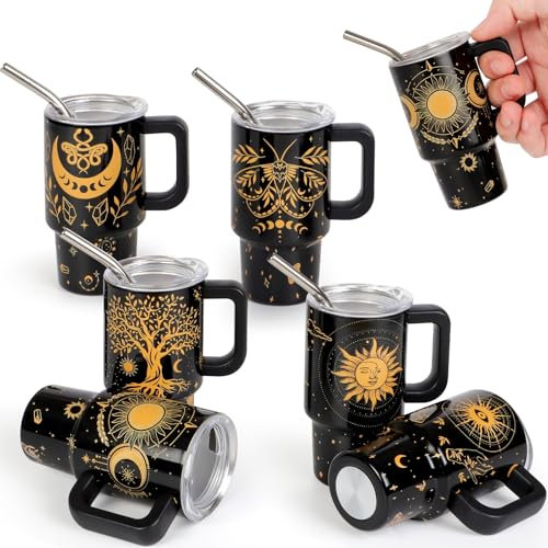 Mini Tarot Cards Shot Glasses with Lids and Straws Handle, 3.5 oz Stainless Steel Sun Moon Stars Tree Butterfly Eyes Mini Tumblers for Drink Cocktail Bar Beach Party Decorations Gift (6 Packs)