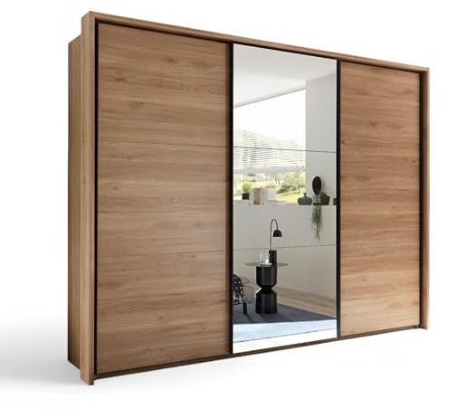 Stella Trading Bravo Armoire avec Porte Miroir, Aspect chêne mauvella, Polyvalente à 3 Portes, avec Passe-Partout, 280 x 215 x 60 cm (l x H x P)