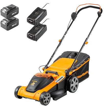 LawnMaster Tondeuse à gazon sans fil 48 V 41 cm avec deux batteries MX 24 V 4,0 Ah Lithium Ion, 2 chargeurs rapides, peigne de bordure, rouleau arrière et fonction mulching Tondeuse à gazon à batterie