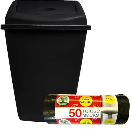 KMJ Large Kitchen Bin 50L with 50L Bin Bags (50 Pack)- Convenient & Durable Waste Bins with Swing Lid– Perfect Trash Bin for Kitchen, Office, Bathroom and Home– Space Saving Black Bins- Black 1 Pack