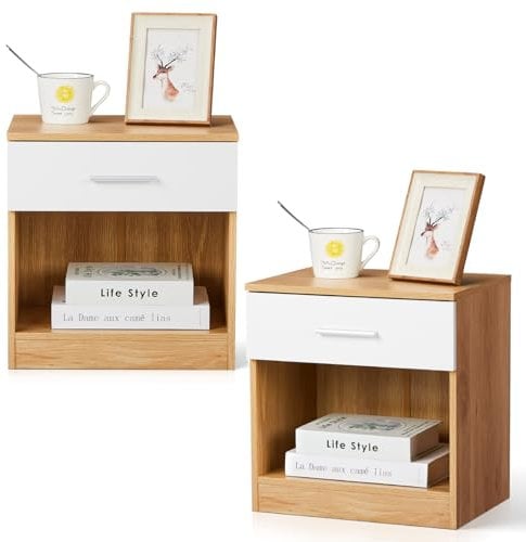 LEADZM Nachttisch 2er Set Nachtschrank Schlichter Beistelltisch Kommode mit offenem Fach und 1 Schublade für Schlafzimmer, Wohnzimmer, Eichen Farbe&Weiß 39 x 29 x 41 cm
