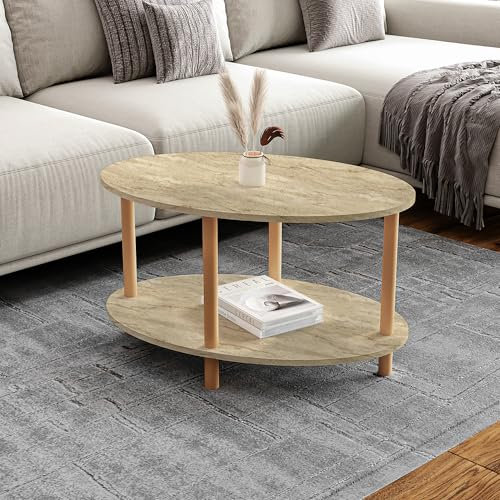 [en.casa] Couchtisch Højreby Sofatisch mit 1 Ablage oval Wohnzimmer 70 x 44 x 43 cm Beine aus Buchenholz Travertin