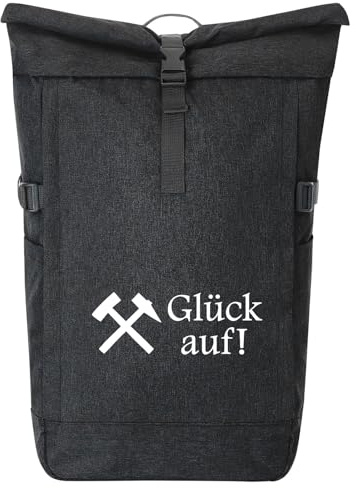 Huuraa Kurierrucksack Glück auf! Ruhrpott Geschenk | 30-44 Liter Backpack Black Melange Fairtrade Rolltop Rucksack Geschenkidee Schwarzer Laptop-Rucksack passend für 17-Zoll