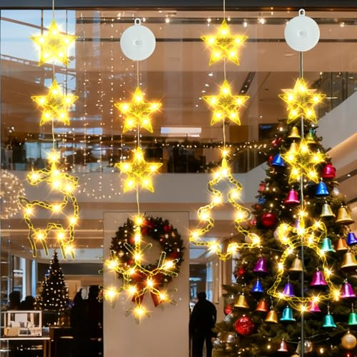 FLSEPAMB 4 Pezzi Decorazioni Natalizie Luminose per Finestre, Luci Finestra Natale,Luci di Natale per Finestre con Ventose, LED Luci di Natale a Batteria, Bianco Caldo per Decorazioni Interne
