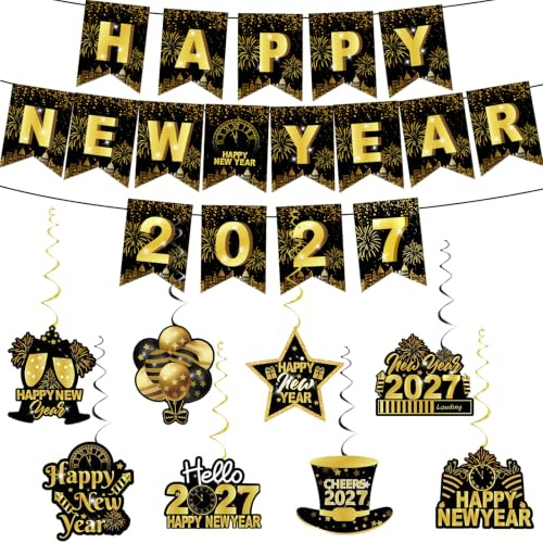Happy New Year Banner 2026, Schwarz und Gold Glitzer Hängende Banner mit Wirbeln Set, Silvester Photo Booth Hintergrund Party Supplies Dekorationen