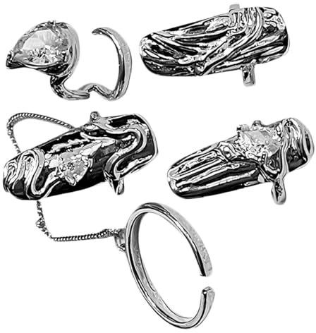 HAMPPLIES Rhinestones Nail Ring Set 4pcs Adjustable Open Fingernail Rings Decorative Finger Tip Jewelry for Women Unique Nail Decor Accessories