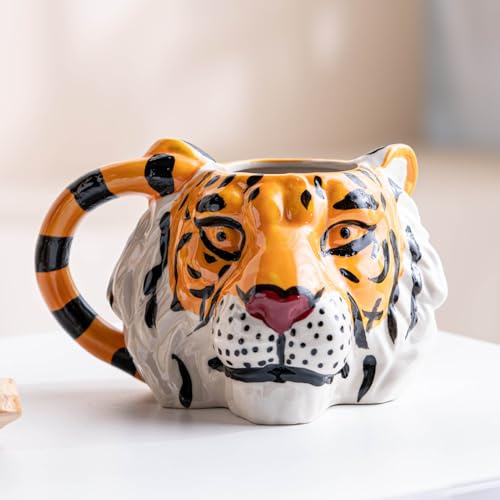 Hosoncovy Gift Creative 3D Tiger Head Shaped Mug Ceramic Coffee Mug Milktea Tea Drinking Cup with Handle