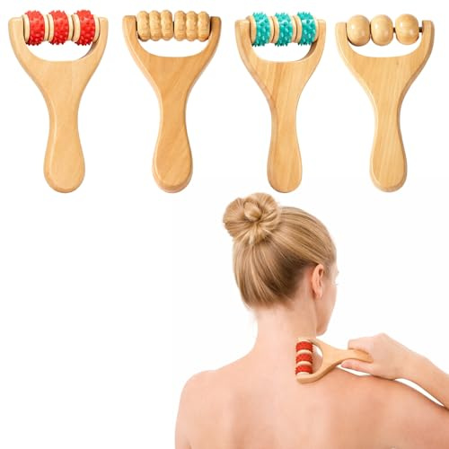 Massageroller Holz, 4 StüCk Narbenroller, MassagegeräT Nacken Schulter Faszienrolle Mit Griff FüR Entspannung Von RüCken, Bein, HäNden, GanzköRpermuskulatur, Cellulite