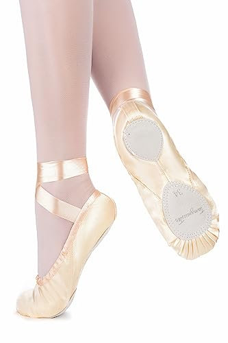 tanzmuster Ballettschuhe Damen - Sandy - Satin - Geteilte Ledersohle - Ballettschläppchen für Erwachsene - Tanzschuhe fürs Ballett - Champagner, 39