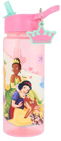 Disney Borraccia da principessa con cannuccia, rosa, 500 ml, in polipropilene, con bianco neve, Cenerentola, Tiana e Rapunzel, include portachiavi a forma di corona