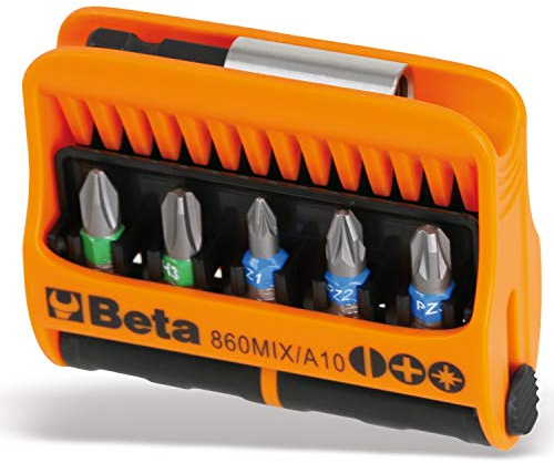 Beta 860MIX/A10 Werkzeug-Set mit 10 Schraubeinsätzen (verschiedenfarbige Bits mit magnetischem Schraubeinsatzhalter im Kunststoffkasten, Made in Italy) Orange/Schwarz