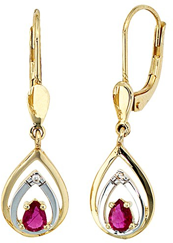 Jobo Damen Boutons 585 Gold Gelbgold 2 Diamanten Brillanten 2 Rubine rot Ohrringe Ohrhänger
