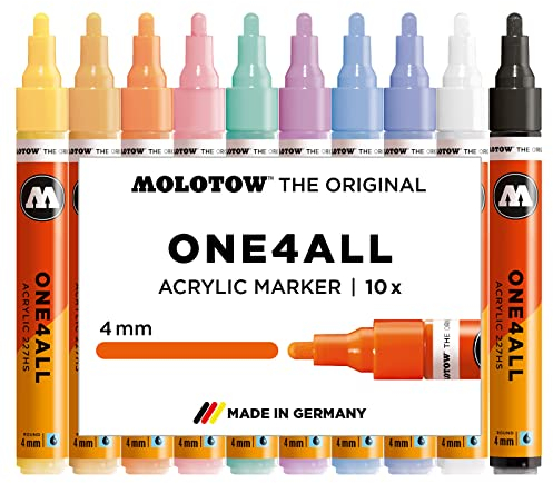 Molotow One4All 227HS Acryl Marker Pastell-Set (4,0 mm Strichstärke, hochdeckend und permanent, UV-beständig, für fast alle Untergründe) 10 Stück sortiert
