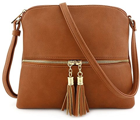 DELUXITY Lightweight Medium Crossbody Bag with Tassel, Tan, One Size