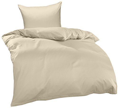 Bettwaesche-mit-Stil Mako Interlock Jersey Bettwäsche Garnitur Uni/enfarbig 100% Baumwolle 155x220 + 80x80 cm, Natur