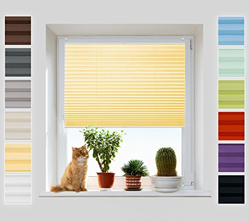 Plissee Rollo ohne Bohren - Jalousie mit easyfix Metall Klemmträger | SUPER Pearl Stoffkollektion | Leicht zu montieren | Faltrollo Sichtschutz, Sonnenschutz, Fenster - [Gelb, B: 25cm, H: 100cm]