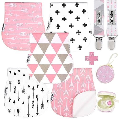 Dodo Babies 5er-Pack Spucktücher für Babys – weiche, saugfähige Spucktücher aus Baumwolle – inklusive Schnulleretui und 2 Schnullerclips – Farben: Rosa und Weiß