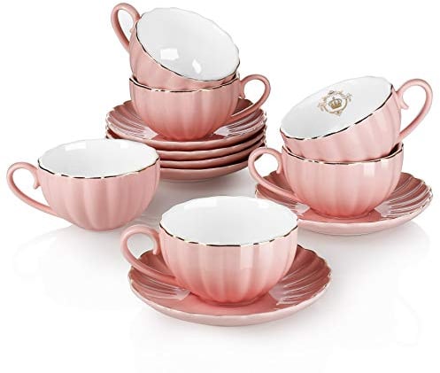 Amazingware Royal Tea Cups and Saucers, with Gold Trim and Gift Box, British Coffee Cups, Porcelain Tea Set, Set of 6 (8 oz)- Pink