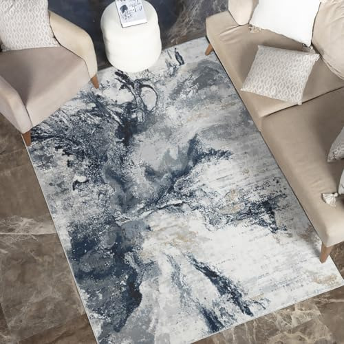 Livabliss New York Abstract Rug - Runner Rugs Living Room 60x90 cm, Hallway, Dining Room Area - Modern Marble Large Rug, Soft Luxurious Easy Care Medium Pile, Blue, Grey and Beige
