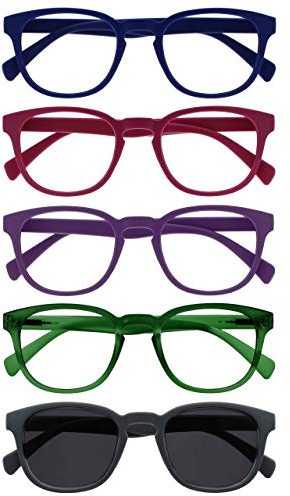 OPULIZE Pop 5er-Pack Lesebrille Mit Sonne Leser Retro Blau Rosa Lila Grün Grau Herren Damen RRRRS2-34567 +1,50