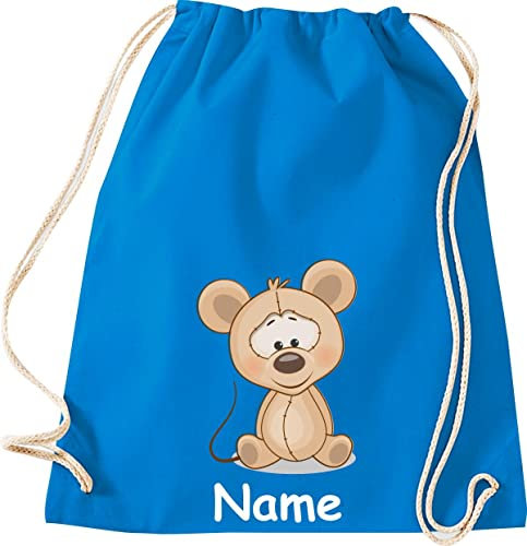 Shirtinstyle Turnbeutel Tiere Maus Mäuschen mit Wunschnamen, Beutel Tasche Hort Kita, Farbe Sapphire
