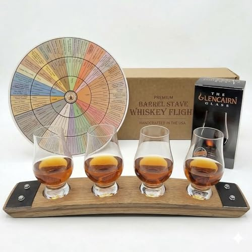 Barrel-Art Premium 4 Glass Whiskey Flight/Natural (Light Oak)/ Crystal Glasses