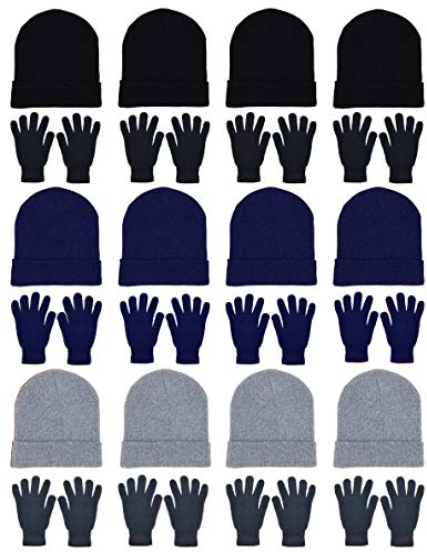 24 x Wintermützen und Handschuhe, Kombi-Packung, Großpackung für Männer und Frauen, warmes gemütliches Geschenk, Schwarz/Marineblau/Grau (12 Beanies/12 Paar Handschuhe), Einheitsgröße