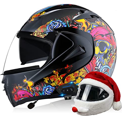 DOPORA Motorrad Modularer Bluetooth Helm, ECE Zugelassener Bluetooth Integrierter Motorrad Integralhelm für Erwachsene Männer Frauen, Moped Street Racing Helm mit Weihnachtsmütze,2,L