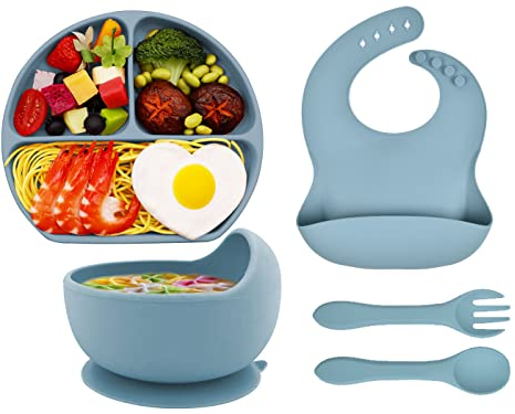 Hoseay Vajilla Bebe Silicona 5 Piezas Vajilla Infantil con Ventosa Plato Cuenco Cuchara Tenedor Babero Antideslizante Vajilla Bebe Set Aprendizaje Niño Sin BPA para Microondas Lavavajillas, Azul