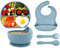 Hoseay Assiette Ventouse pour Bébé Silicone Coffret Repas Set Enfants avec Assiette Bol Bavoir Cuillere Fourchette 5 Pièces Vaisselle Kit Garçon Fille Sans BPA, Lave Vaisselle et au Micro Ondes, Bleu
