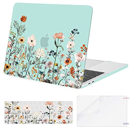MOSISO Hülle Case Kompatibel mit MacBook Pro 13 Zoll 2024 2023 2022-2016 M2 M1 A2338 A2289 A2251 A2159 A1989 A1706 A1708,Plastik Gartenblumen Hartschale&Tastaturschutz&Displayschutzfolie,Grün