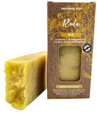 Jabón Natural de Ruda Cero Waste | Jabón de Manos, Cuerpo y Cara Hidratante y Calmante Antiacné | Pastilla Jabón Ecológica Artesanal | Fabricado en España | Vegano | Sin Aceite de Palma (100 g)