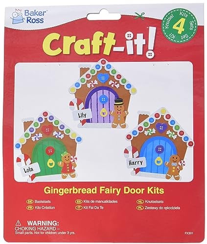 Baker Ross FX301 Gingerbread House Fairy Door Kits - Pack of 4, Christmas Decoration Craft Kit for Kids, Kids Foam Sticker Craft Kit
