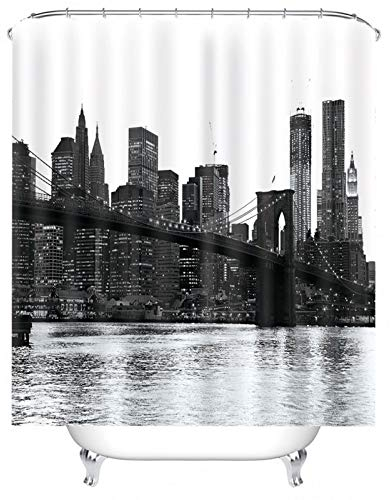 EHOMERY Duschrollo Duschvorhang Vorhang Badezimmer Ohne Bohren Lang Viadukt Und Gebäude Polyester Schwarz Rostfreie Ösen Und 12 Hakenringe, 160X180Cm