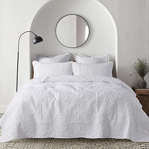 Damast-Steppdecke, Queen-Size-Bettwäsche-Sets mit Kissenbezügen, Boho-Leichte, weiche Tagesdecke, weiße gesteppte Decke, dünne Bettdecke für alle Jahreszeiten, Frühling, 3-teilig, 228.6x228.6 cm
