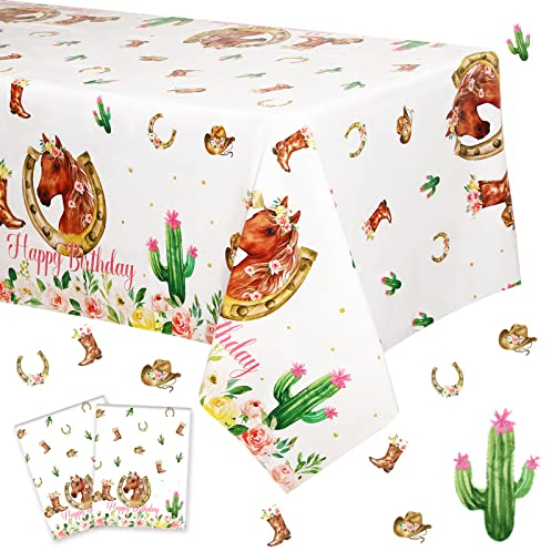 2 Pack Pferd Themed Tischdecken, Wild Racing Horse Western Cowgirl Tischdecken, rosa Tischdecke Geburtstag Party Dekorationen für Mädchen