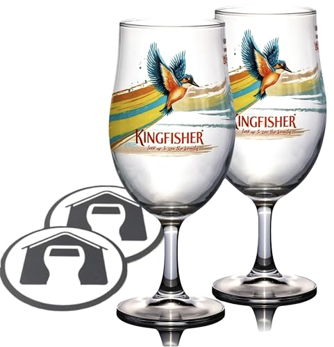GarageBar | Kingfisher Glass | Nucleated Chalice Beer Glass | Official Merchandise | Comes with 2X Beer Drip Mats (2, Pint/20oz)