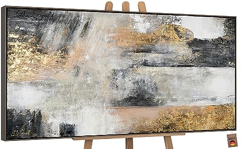 YS-Art Luxus Abstrakt Design Acryl Gemälde auf Leinwand Farbmagie handgemalt Wandbilder Wohnzimmer modern Wohndekor Bilder Büro gold grau echte Kunst 140x70 cm