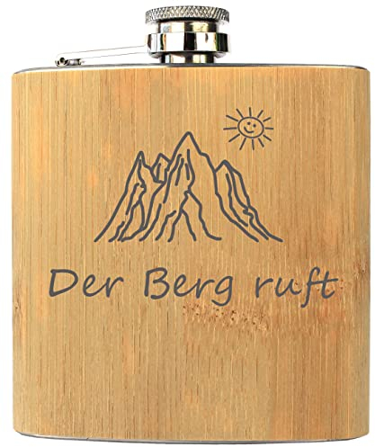 Flachmann mit Spruch Der Berg ruft - Geschenk für Wanderer und Bergsteiger als mobile Schnapsflasche, Schnapsgeschenk in Holz Optik, aus Edelstahl + Bambus, Geschenke